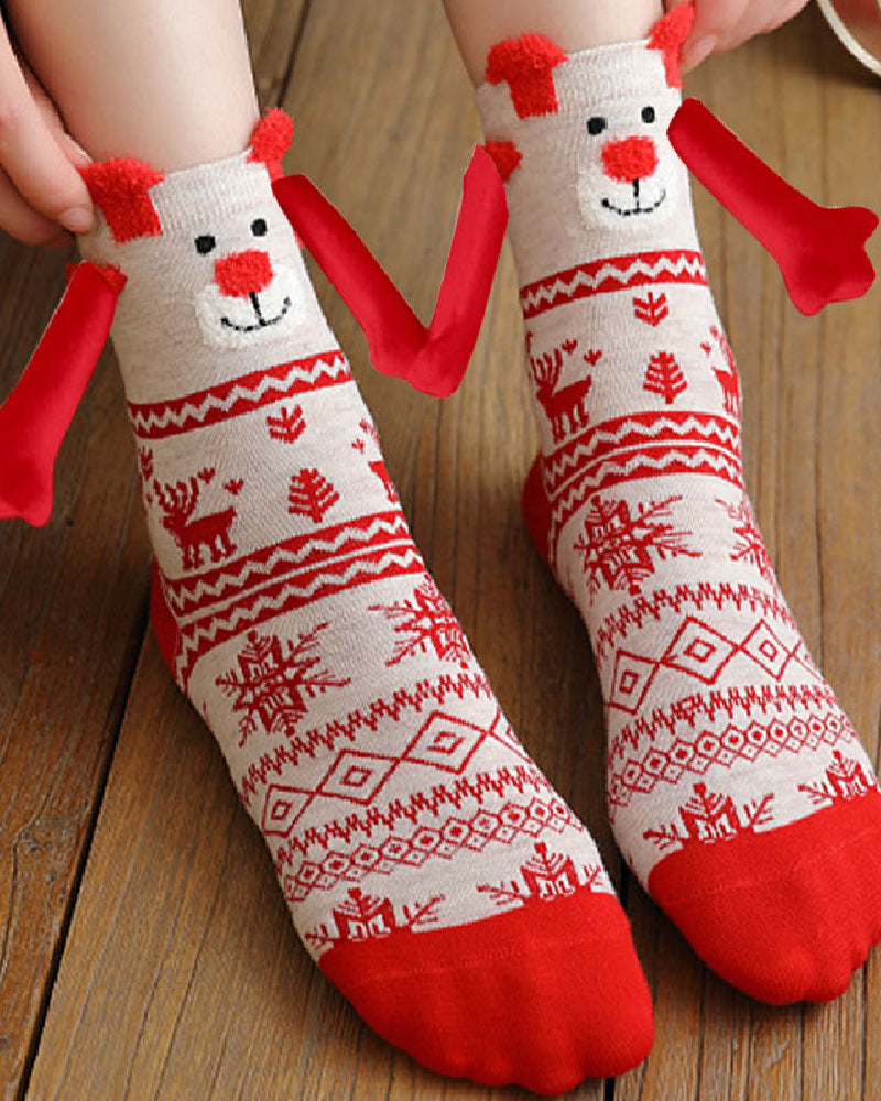 Christmas Pattern Cartoon Magnetic Hands Socks Couple Unisex Mid Tube Cotton Socks