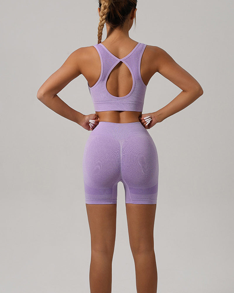 Conjunto de traje de fitness sin costuras para mujer con cuello redondo y sujetador deportivo con levantamiento de glúteos y pantalones cortos