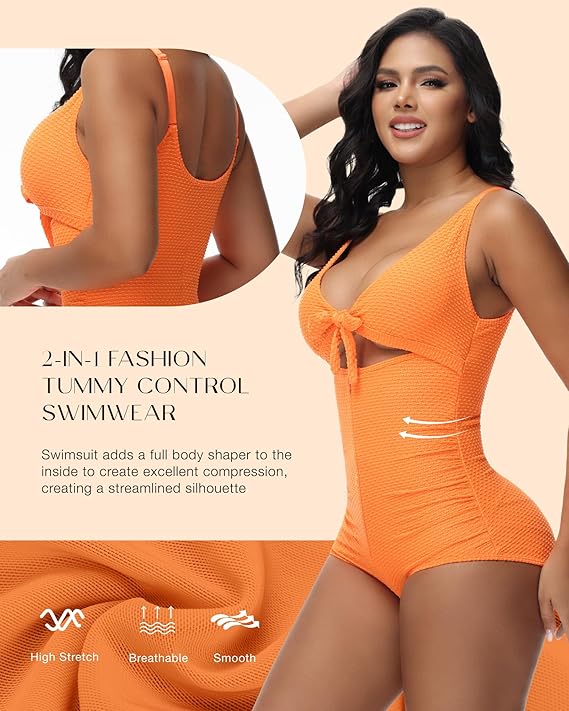 Women's Tummy Control Swimsuit Cutout Tie Knot Front Push Up Shapewear Bathing Suit