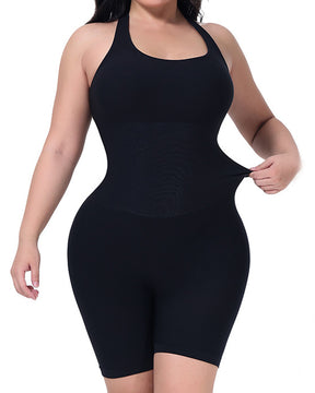 Ribbed Halter Racerback Shapewear Tummy Control Butt Lifting Mid Thigh Bodysuit