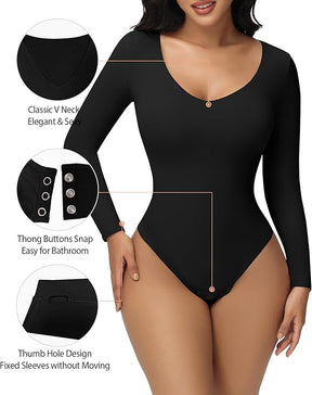 Women's Long Sleeve V Neck Seamless Bodysuits Tummy Control Thong Shapewear