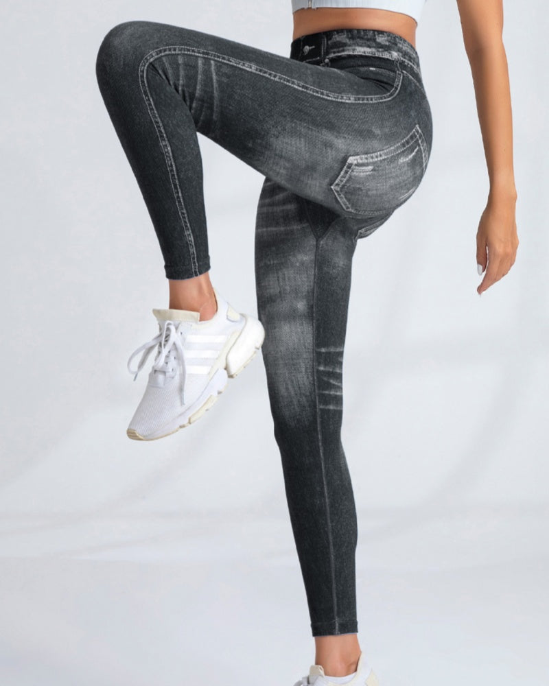 Seamless Printed Imitation Denim Yoga Pants Women's Quick Dry High Elastic