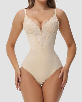 Lace Deep V-Neck Sculpting Bodysuit Underwire Push Up Brief Shapewear