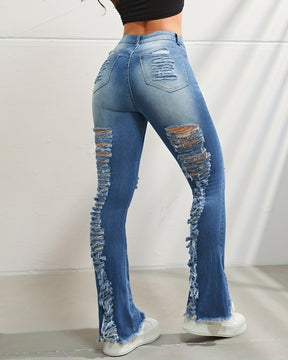 Street-rocking Contrasting Color Ripped High-Waisted Slim-fitting Raw-edge Flared Jeans