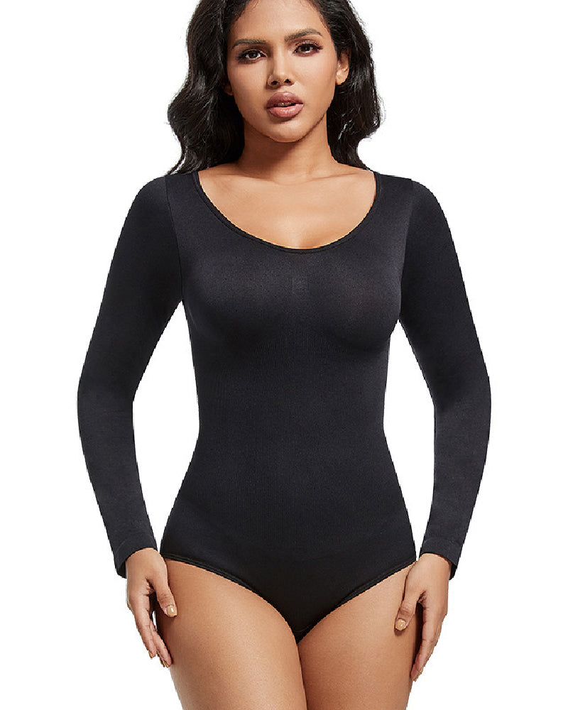 Seamless Crew Neck Long Sleeve Corset Bodysuit Tops Stretch Triangle Jumpsuit