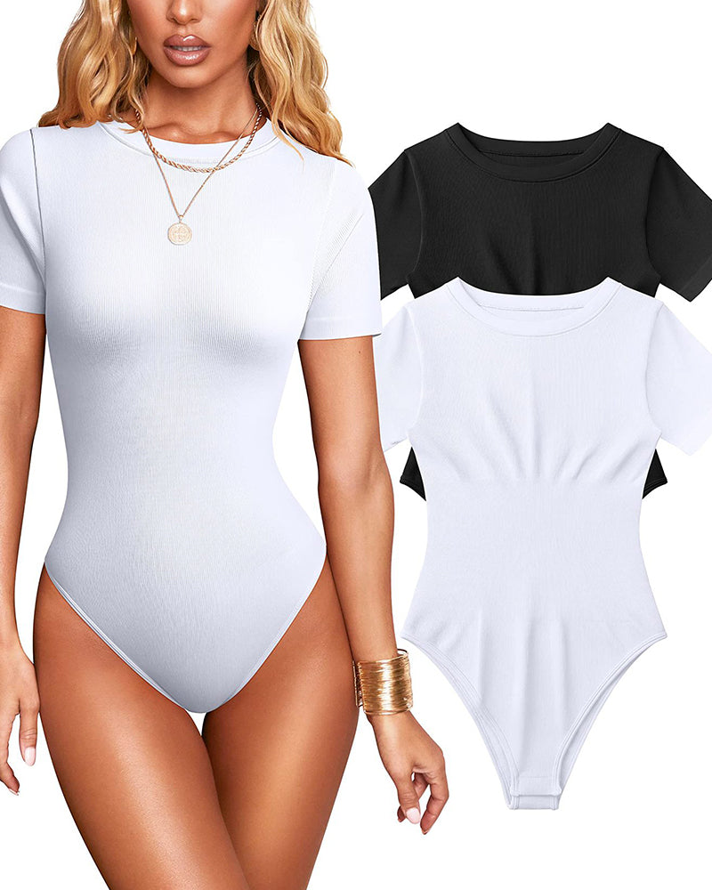 Women Sexy Ribbed Round Neck Short Sleeve Tummy Control Thong Bodysuit