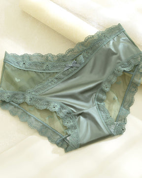 Women's mesh splicing lace edge heart pattern mid-high waist panties