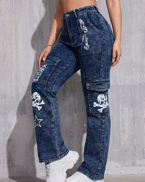 Retro Hot Girl Street Style Loose Straight Print Cargo Jeans