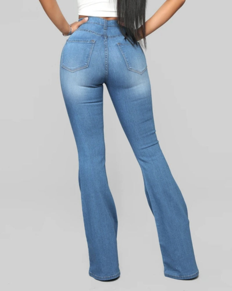 Fashion High Waist Hip Lift Slim Washed Flared Jeans