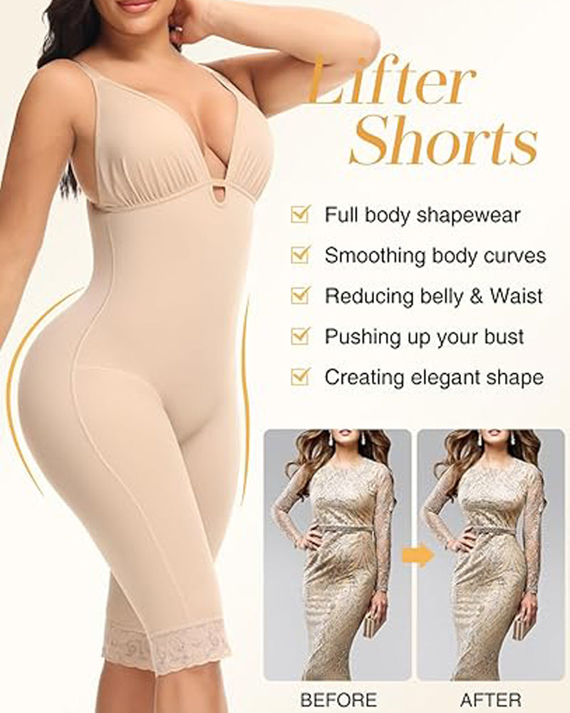 U Plunge Tummy Control Mid Thigh Bodysuit Seamless Full Body Fajas Shapewear