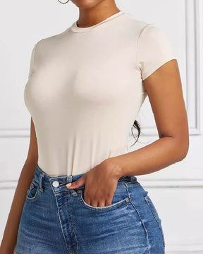 Women's Sexy Short Sleeve O Neck Thong Basic T Shirt Tops Bodysuit