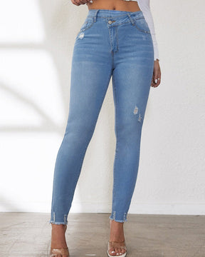 Elastic High Waist Oblique Buttoned Skinny Jeans