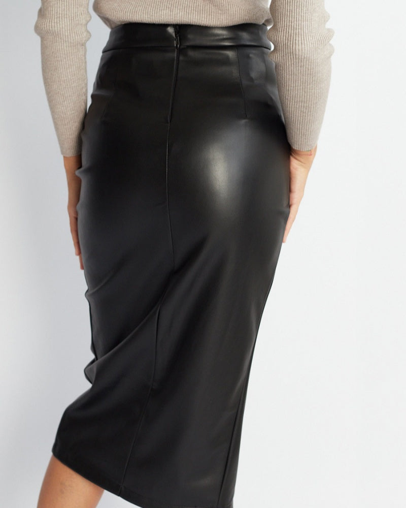 PU Slit Skirt High Waist Zipper Pleated Leather Skirt