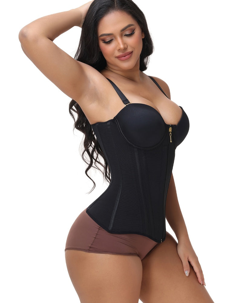 Black Front Zipper Corset Waist Trainer with Adjustable Straps