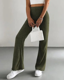 Solid Color Ribbed Knitted Flared Pants Versatile Casual Pants