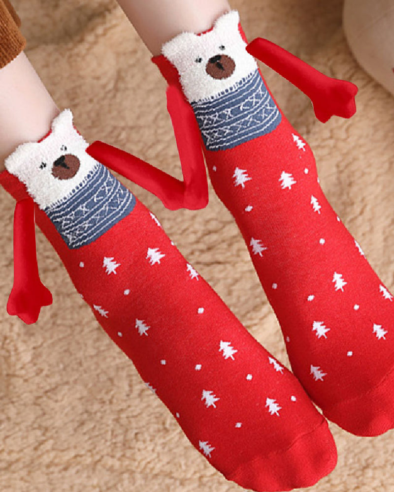 Christmas Pattern Cartoon Magnetic Hands Socks Couple Unisex Mid Tube Cotton Socks