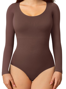 Seamless Long Sleeve Bodysuit For Women Crew Neck Tummy Control Shapewear