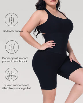 Ribbed Halter Racerback Shapewear Tummy Control Butt Lifting Mid Thigh Bodysuit