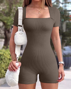 Women's High Elastic Ribbed Jumpsuits Short Sleeve Square Neck Workout Rompers