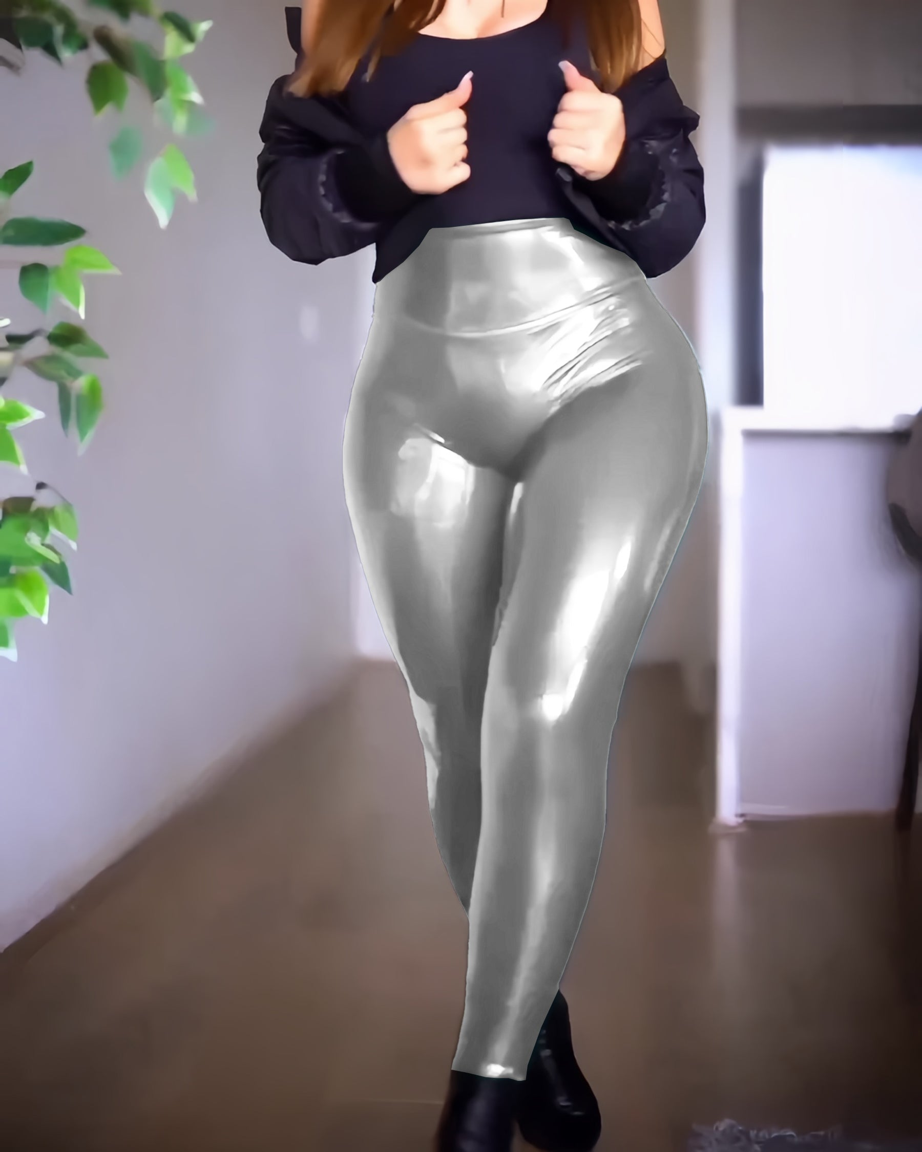 High Waisted Butt Lifter Leggings Shiny Faux Leather Pants