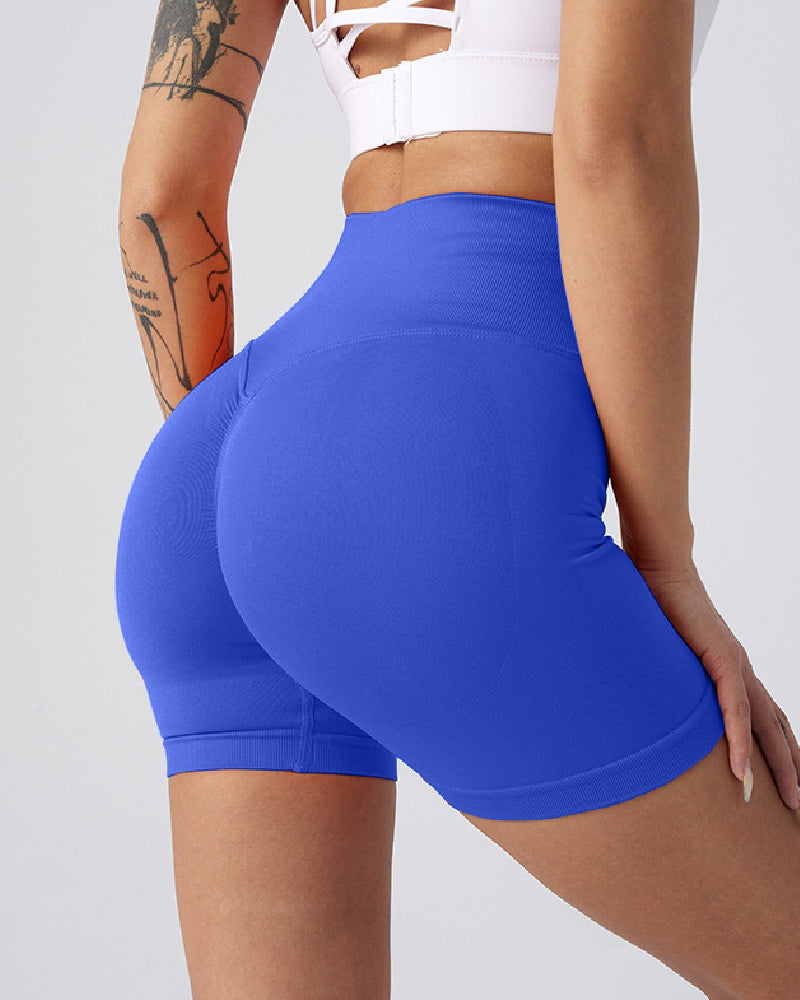 Pantalones cortos de yoga de cintura alta sin costuras para mujer, pantalones cortos de fitness sólidos con levantamiento de glúteos