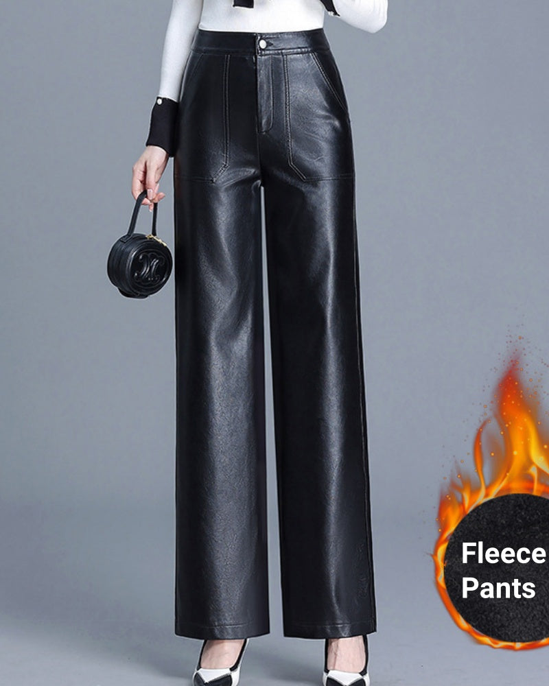 Versatile PU Leather Wide-leg Leather Pants for Women High Waist Slim Straight Pants