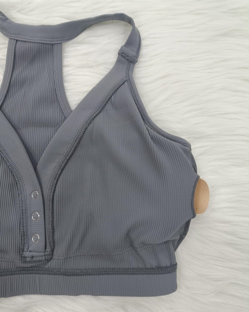 Halter Neck Deep V Knitted Breathable Bra With Front Buttons