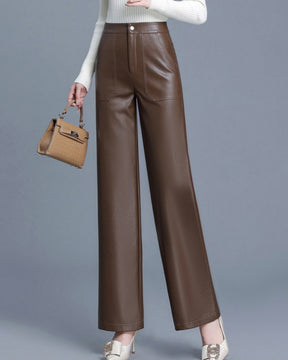 Versatile PU Leather Wide-leg Leather Pants for Women High Waist Slim Straight Pants