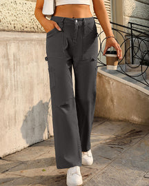 Women's Mid-Rise Solid Straight Leg Cargo Pants With 6 Pockets