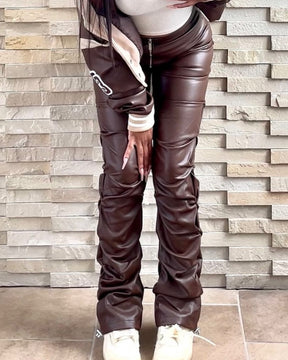 PU Leather Personalized Pleated Flared Pants