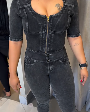 Denim Jumpsuit for Women Long Sleeve Button Down Stretch Slim Skinny Jeans (Pre-Sale)