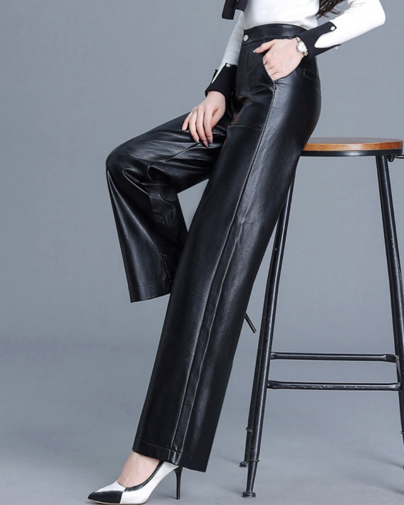 Versatile PU Leather Wide-leg Leather Pants for Women High Waist Slim Straight Pants