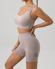 Conjunto de traje de fitness sin costuras para mujer con cuello redondo y sujetador deportivo con levantamiento de glúteos y pantalones cortos