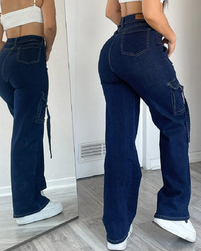 Women’s Cargo Jeans High Waisted Wide Leg Casual Flap Pockets Pants