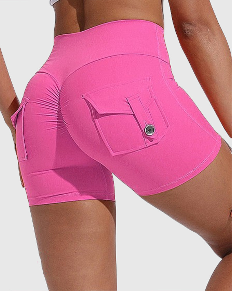 Pantalones cortos de yoga para mujer con bolsillos traseros tipo cargo y levantamiento de cadera