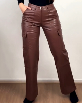 Straight Leather Pants Cargo Pants with Multi Pocket for Women（Pre-Sale）