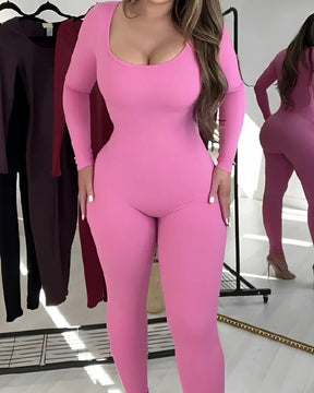 Women's Sexy Long Sleeve Scoop Neck High Waist Sculpting Bodysuits Solid Color Jumpsuits