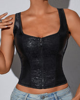 Jacquard Square Neck Zipper Shapewear Top Sleeveless Lace Up Corset Crop Tank Tops