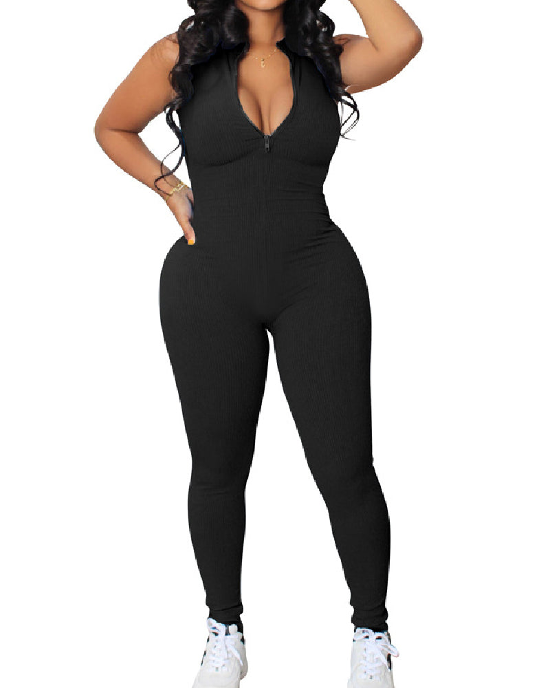 Ribbed Sleeveless High Stretch Bodycon One Piece Zipper Front Workout Jumpsuit