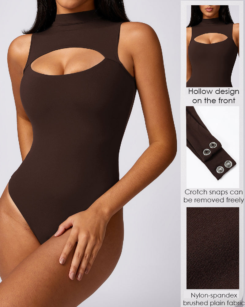 High Collar Hollow Chest Thong Snap Button Crotch Sleeveless Smooth Bodysuit Shapewear