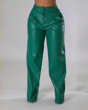 PU Leather Loose Wide-leg Pocket Casual Leather Pants