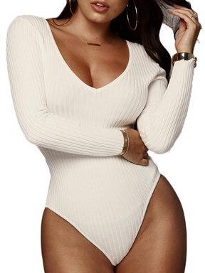 Sexy Deep V Neck Striped Bodysuit Basic Long Sleeve Thong Jumpsuits Tops