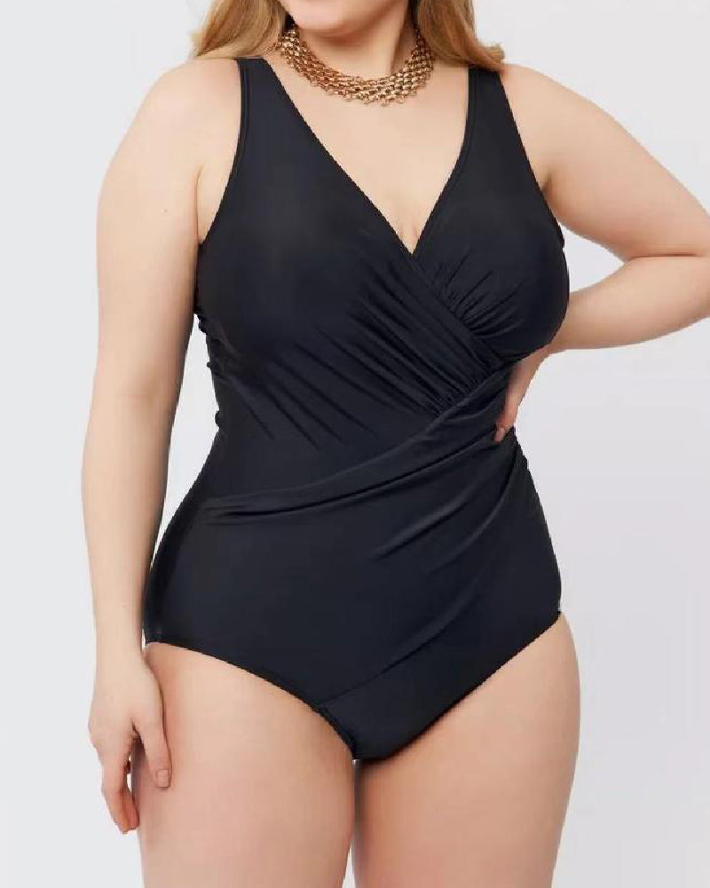 Women's Plus Size V Neck Swimsuit Tummy Control Pleats Swimwear