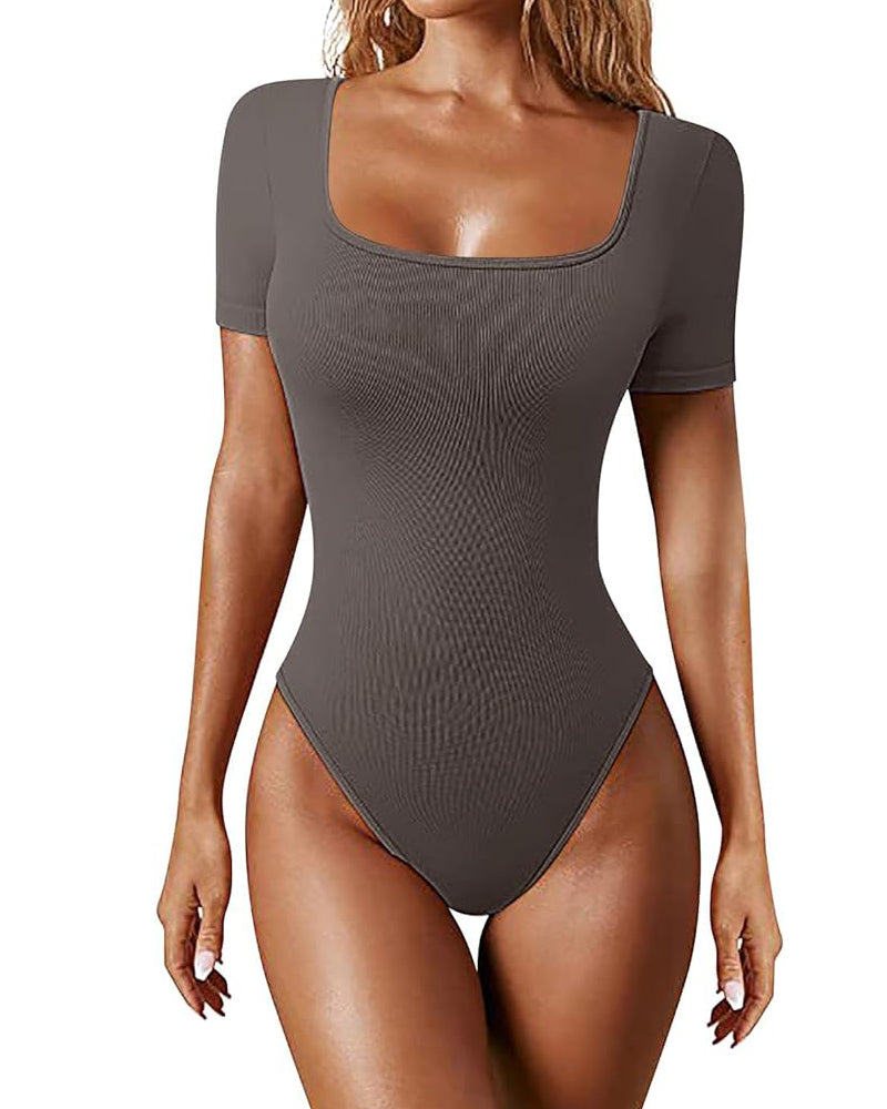 Women's Square Neck Sexy Ribbed Short Sleeve Thong Tummy Control Bodysuits