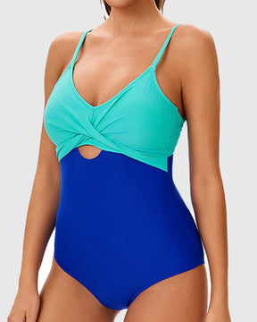 Sexy Suspender Color-blocked One-piece Swimwear Hourglass Figure