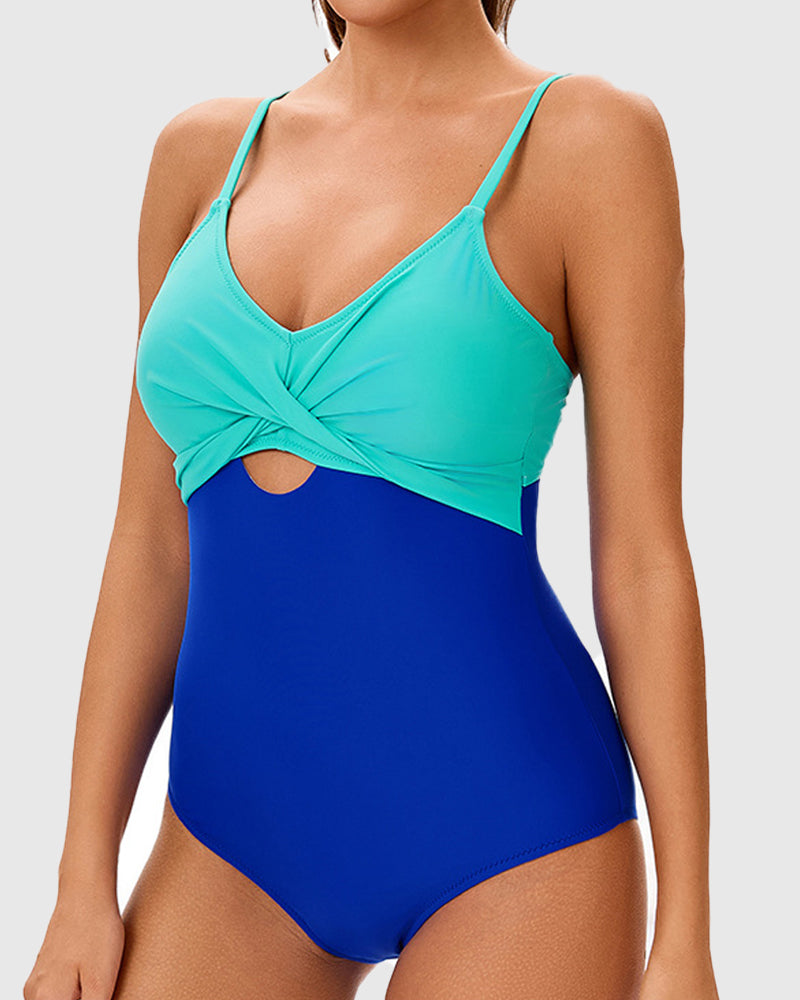 Sexy Suspender Color-blocked One-piece Swimwear Hourglass Figure