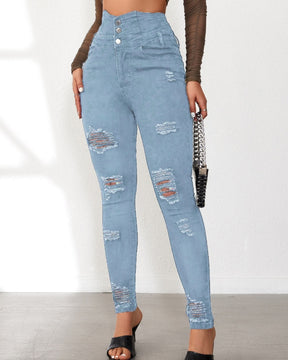 Fashion High Waist Multi-Breasted Ripped Jeans