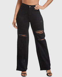 Elegant High Waist Ripped Wide-leg Jeans