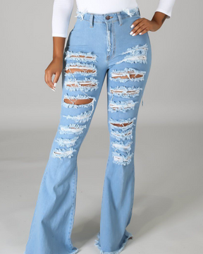 High-Waisted Broken Hole Flared Jeans for Women