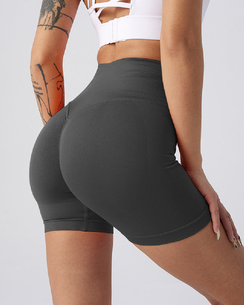 Pantalones cortos de yoga de cintura alta sin costuras para mujer, pantalones cortos de fitness sólidos con levantamiento de glúteos